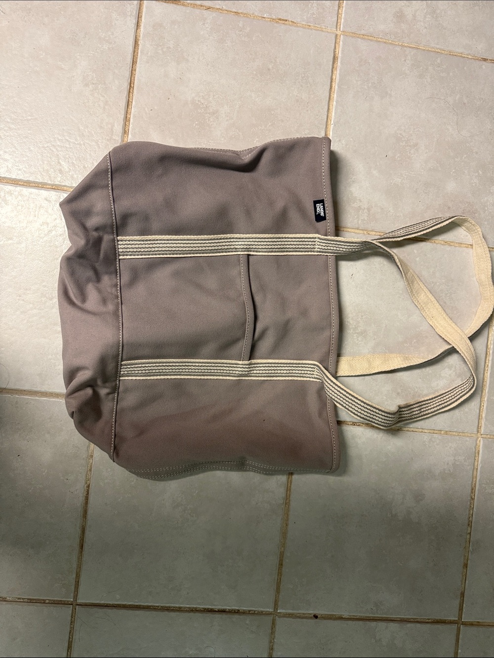 Lands' End Taupe Canvas LARGE Shoulder Tote with Cream Striped Handles